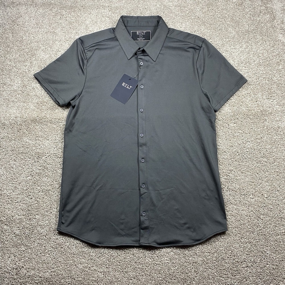 NEW BYLT Premium Basics Mens Large Executive Fit Gray Stretch SS Button Up NWT - Picture 2 of 8